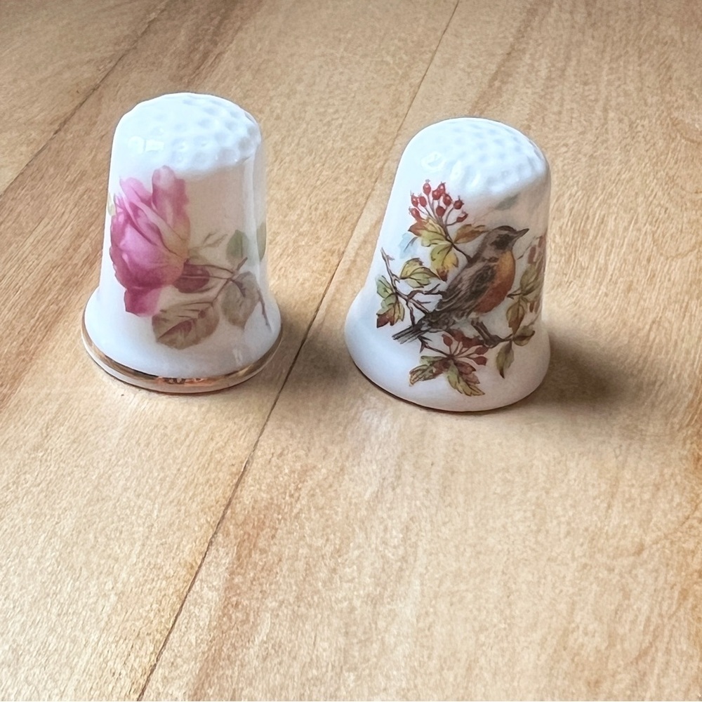 Staffordshire England Fine Bone China Floral Rose and Bird Thimbles